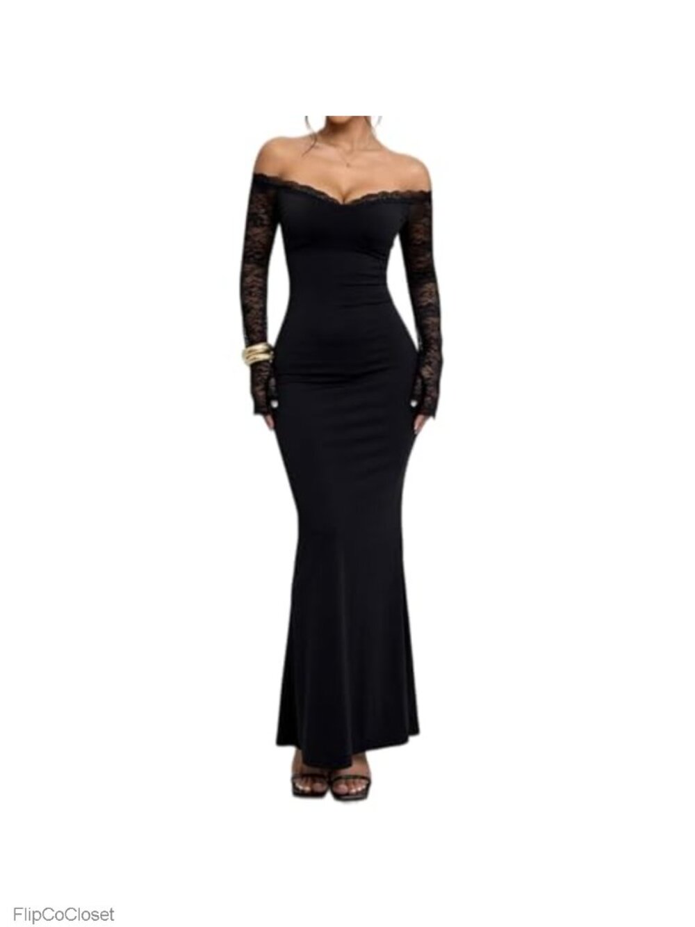 Coquette Balletcore Off Shoulder Lace Trim Maxi Dress Sheer Long Sleeve Bodycon